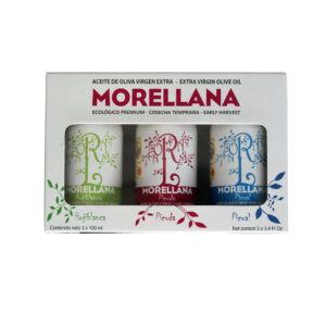 <b>ESTUCHE Morellana Ecológico. Aceite de Oliva Virgen Extra</b>.</br> 3 Variedades.</br>Botella cristal 3 x 100 ML