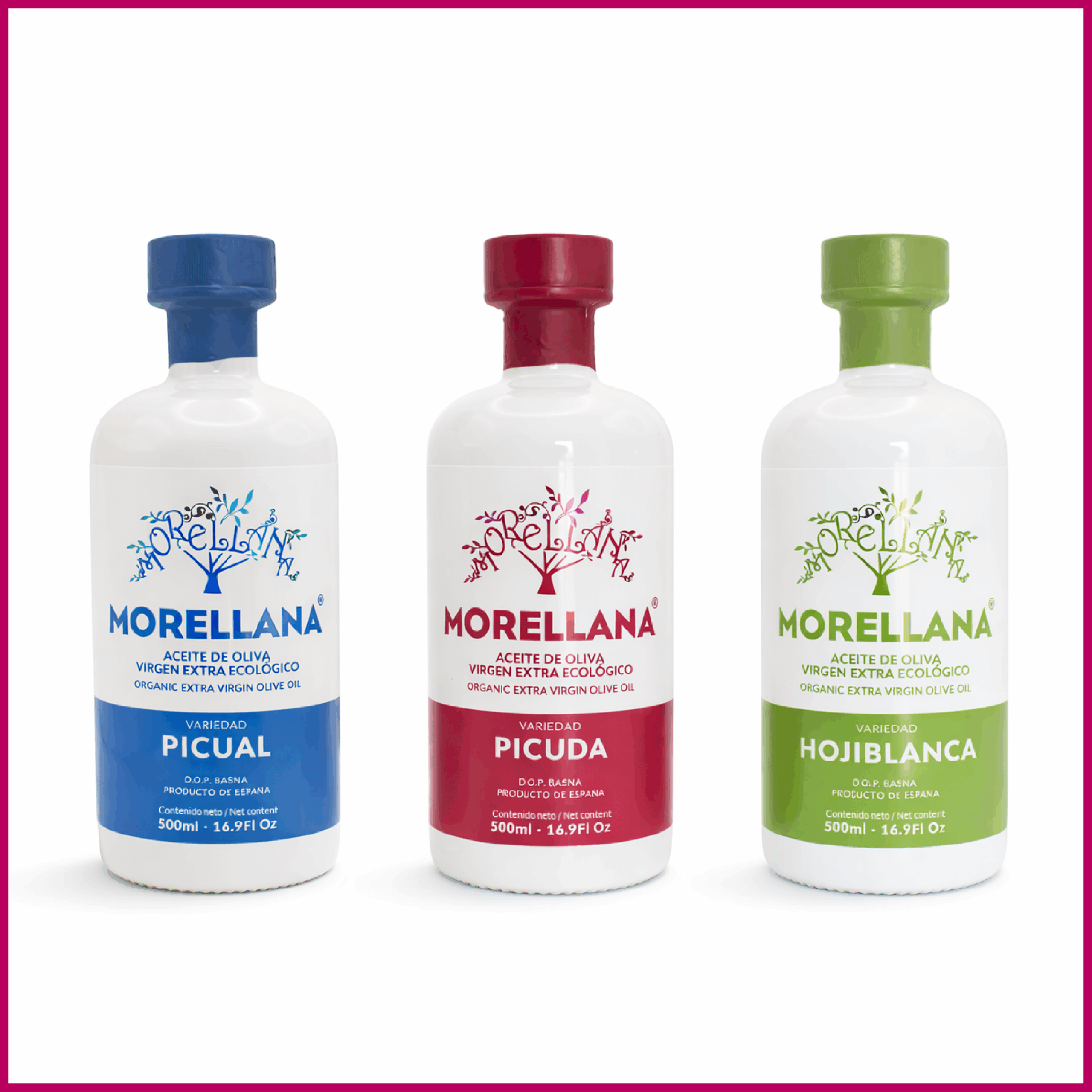 <b>PACK 3 BOTELLAS. Aceite de Oliva Virgen Extra </b></br>Morellana Ecológico</br>3 Variedades</br>Botella cristal 500 ml