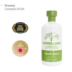 <b>Aceite de Oliva Virgen Extra Morellana Ecológico</b>.</br>Variedad Hojiblanca.</br>Botella Cristal 500 ml