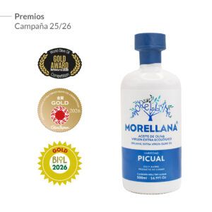 <b>Aceite de Oliva Virgen Extra Morellana Ecológico</b>.</br>Variedad Picual. </br>Botella Cristal 500 ml