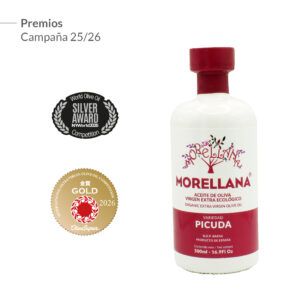 <b>Aceite de Oliva Virgen Extra Morellana Ecológico</b>. </br>Variedad Picuda. </br>Botella Cristal 500 ml